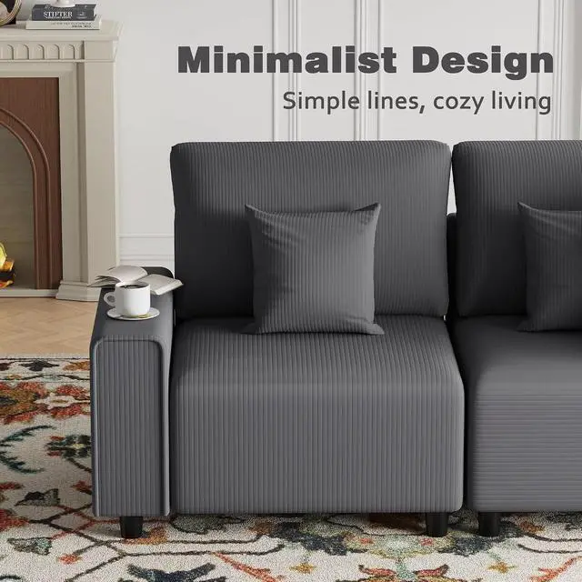 Alt view image 3 of 7 - Oversized Modular Sectional Sofa, Corduroy Cloud Couch with Deep Seat | Flexible Configurations, High-Resilience Foam, Wide Armrests, Durable Frame Support, Removable Washable Covers, Easy Assembly