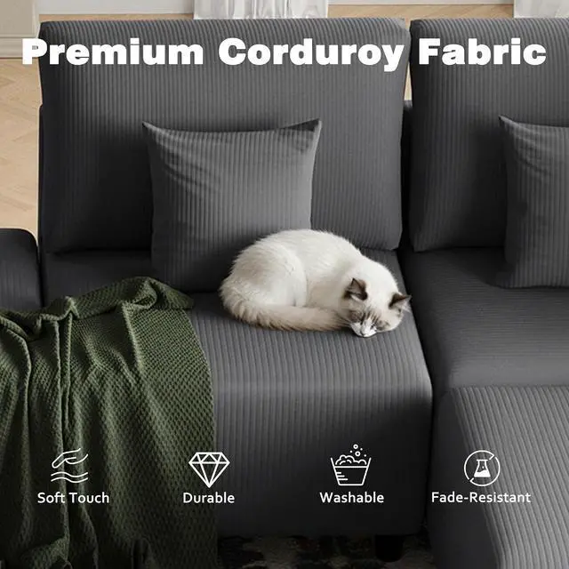 Alt view image 6 of 7 - Oversized Modular Sectional Sofa, Corduroy Cloud Couch with Deep Seat | Flexible Configurations, High-Resilience Foam, Wide Armrests, Durable Frame Support, Removable Washable Covers, Easy Assembly