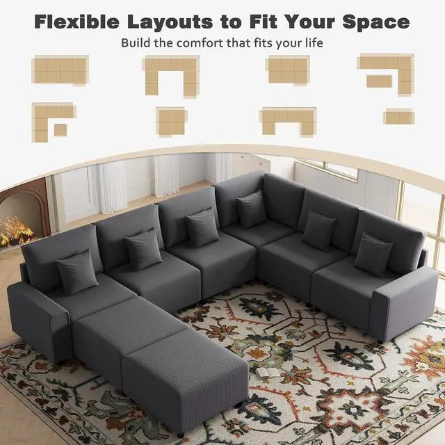 Alt view image 7 of 7 - Oversized Modular Sectional Sofa, Corduroy Cloud Couch with Deep Seat | Flexible Configurations, High-Resilience Foam, Wide Armrests, Durable Frame Support, Removable Washable Covers, Easy Assembly