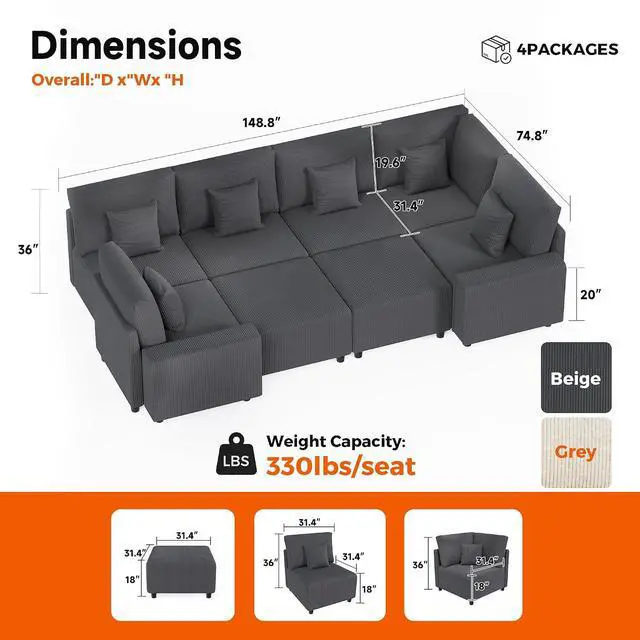 Alt view image 2 of 7 - Oversized Modular Sectional Sofa, Corduroy Cloud Couch with Deep Seat | Flexible Configurations, High-Resilience Foam, Wide Armrests, Durable Frame Support, Removable Washable Covers, Easy Assembly
