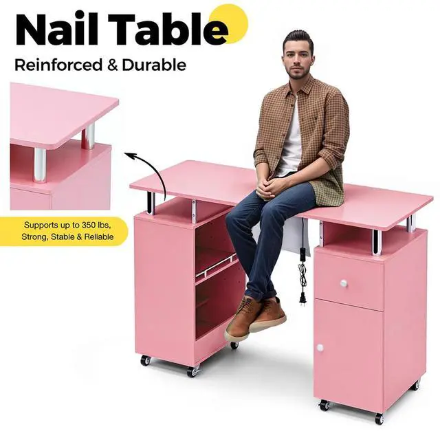 Alt view image 5 of 7 - Manicure Table Nail Desk for Nail Tech with Dust Collector & Wrist Rest, Acetone Resistant Beauty Salon Station with Lockable Wheels, Pink