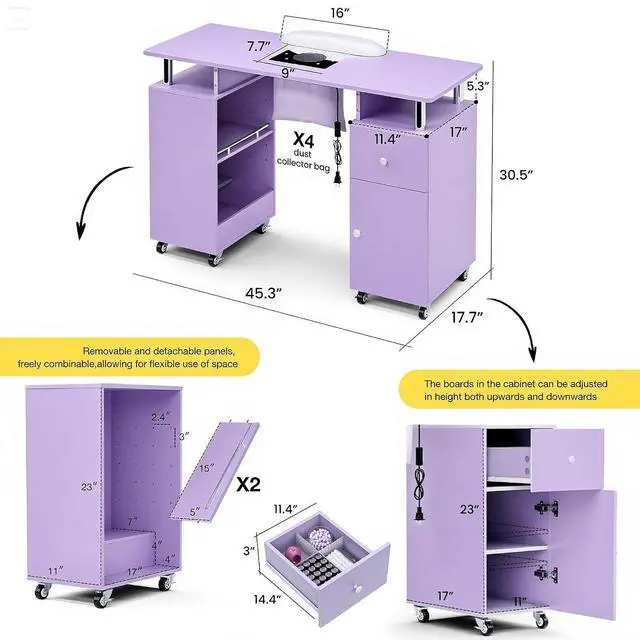 Alt view image 2 of 7 - Manicure Table Nail Desk for Nail Tech with Dust Collector & Wrist Rest, Acetone Resistant Beauty Salon Station with Lockable Wheels, Purple