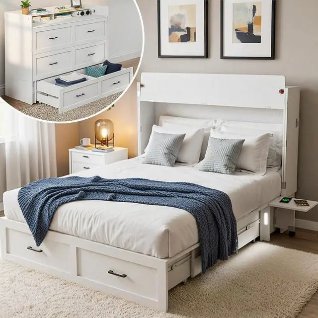Main image of Full Murphy Bed with Drawers, Bedside Storage, Lights & Charging Station, Full Size Foldable Murphy Cabinet Bed for Guest Bedroom, Living Room, Office, White