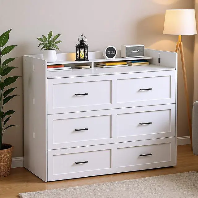 Alt view image 2 of 7 - Full Murphy Bed with Drawers, Bedside Storage, Lights & Charging Station, Full Size Foldable Murphy Cabinet Bed for Guest Bedroom, Living Room, Office, White