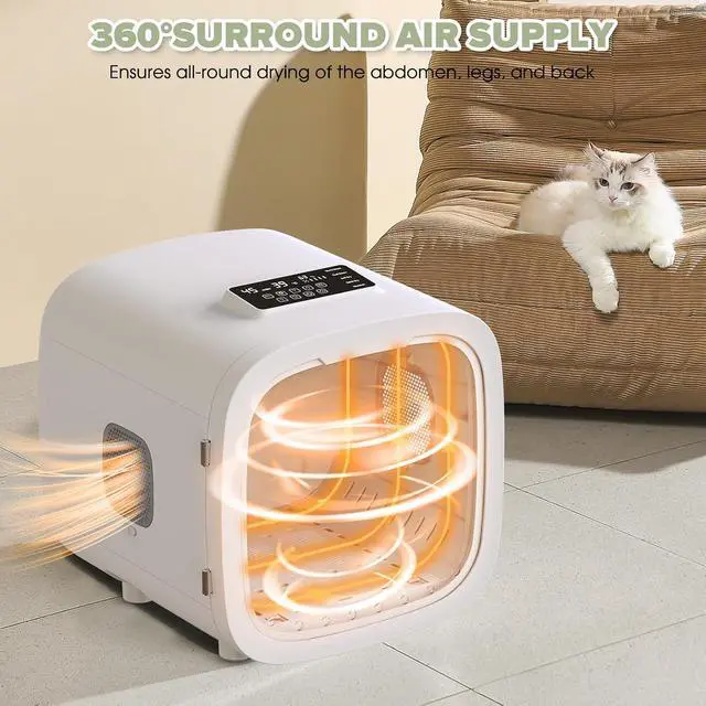 Alt view image 3 of 7 - 52L Automatic Pet Dryer Box, Hands-Free Hair Grooming Dryer for Cats & Dogs | Hair Dryer Box for Pets Large Capacity 360°Fast Drying Adjustable Temperature Wind Speed Quiet Timer Interior Light White