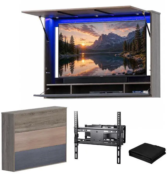 Main image of 45"-55" Outdoor TV Cabinet with LED Light & 3 Storage Compartments (Gray) | Wall Mounted TV Enclosure, Lift-Up Door, UV Protection Cover, Steel Bracket for Patio, Backyard, Pool