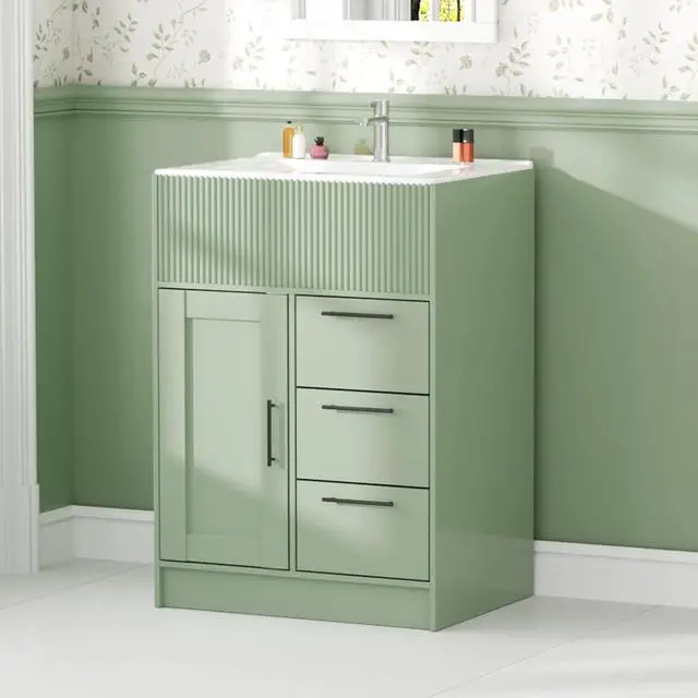 Main image of 24" Bathroom Vanity with Sink, Modern Bathroom Cabinet (Green, 24 inch) | 1 Cabinet & 3 Drawers, Modern Wave Texture, Spacious Storage, Freestanding Design, Small Single Sink Cabinet for Apartment