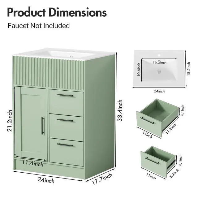 Alt view image 2 of 7 - 24" Bathroom Vanity with Sink, Modern Bathroom Cabinet (Green, 24 inch) | 1 Cabinet & 3 Drawers, Modern Wave Texture, Spacious Storage, Freestanding Design, Small Single Sink Cabinet for Apartment