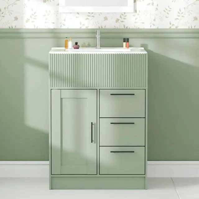 Alt view image 3 of 7 - 24" Bathroom Vanity with Sink, Modern Bathroom Cabinet (Green, 24 inch) | 1 Cabinet & 3 Drawers, Modern Wave Texture, Spacious Storage, Freestanding Design, Small Single Sink Cabinet for Apartment