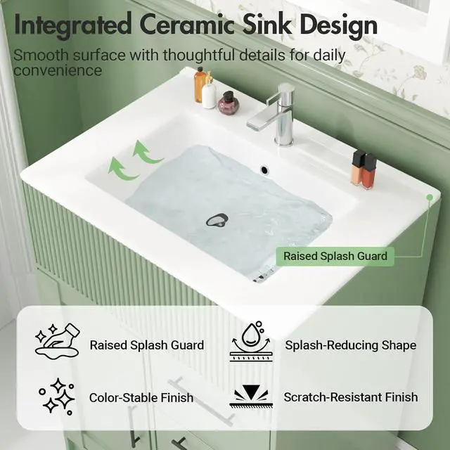 Alt view image 4 of 7 - 24" Bathroom Vanity with Sink, Modern Bathroom Cabinet (Green, 24 inch) | 1 Cabinet & 3 Drawers, Modern Wave Texture, Spacious Storage, Freestanding Design, Small Single Sink Cabinet for Apartment