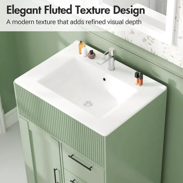 Alt view image 5 of 7 - 24" Bathroom Vanity with Sink, Modern Bathroom Cabinet (Green, 24 inch) | 1 Cabinet & 3 Drawers, Modern Wave Texture, Spacious Storage, Freestanding Design, Small Single Sink Cabinet for Apartment