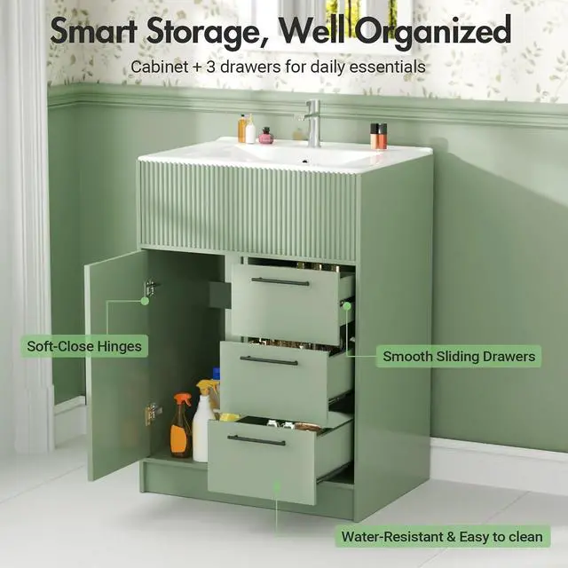 Alt view image 6 of 7 - 24" Bathroom Vanity with Sink, Modern Bathroom Cabinet (Green, 24 inch) | 1 Cabinet & 3 Drawers, Modern Wave Texture, Spacious Storage, Freestanding Design, Small Single Sink Cabinet for Apartment