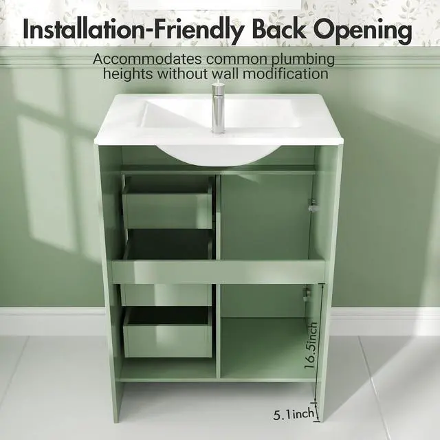 Alt view image 7 of 7 - 24" Bathroom Vanity with Sink, Modern Bathroom Cabinet (Green, 24 inch) | 1 Cabinet & 3 Drawers, Modern Wave Texture, Spacious Storage, Freestanding Design, Small Single Sink Cabinet for Apartment