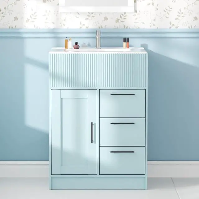 Main image of 24" Bathroom Vanity with Sink, Modern Bathroom Cabinet (Blue, 24 inch) | 1 Cabinet & 3 Drawers, Modern Wave Texture, Spacious Storage, Freestanding Design, Small Single Sink Cabinet for Apartment