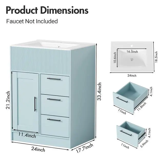 Alt view image 2 of 7 - 24" Bathroom Vanity with Sink, Modern Bathroom Cabinet (Blue, 24 inch) | 1 Cabinet & 3 Drawers, Modern Wave Texture, Spacious Storage, Freestanding Design, Small Single Sink Cabinet for Apartment