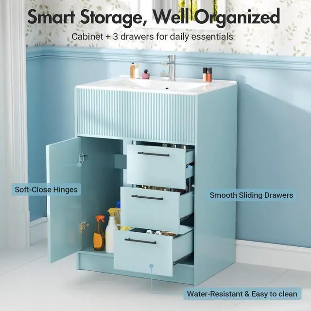 Alt view image 4 of 7 - 24" Bathroom Vanity with Sink, Modern Bathroom Cabinet (Blue, 24 inch) | 1 Cabinet & 3 Drawers, Modern Wave Texture, Spacious Storage, Freestanding Design, Small Single Sink Cabinet for Apartment