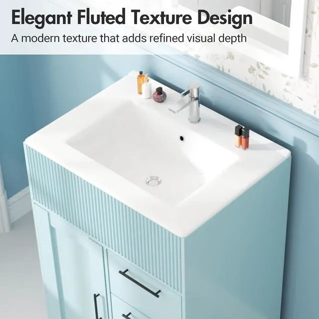 Alt view image 5 of 7 - 24" Bathroom Vanity with Sink, Modern Bathroom Cabinet (Blue, 24 inch) | 1 Cabinet & 3 Drawers, Modern Wave Texture, Spacious Storage, Freestanding Design, Small Single Sink Cabinet for Apartment