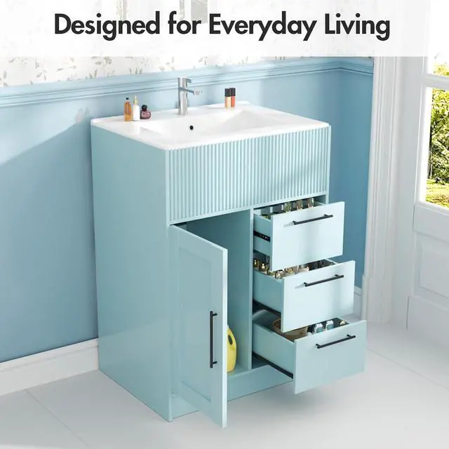 Alt view image 3 of 7 - 24" Bathroom Vanity with Sink, Modern Bathroom Cabinet (Blue, 24 inch) | 1 Cabinet & 3 Drawers, Modern Wave Texture, Spacious Storage, Freestanding Design, Small Single Sink Cabinet for Apartment
