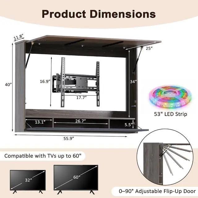 Alt view image 2 of 7 - 45"-55" Outdoor TV Cabinet with LED Light & 3 Storage Compartments (Gray) | Wall Mounted TV Enclosure, Lift-Up Door, UV Protection Cover, Steel Bracket for Patio, Backyard, Pool