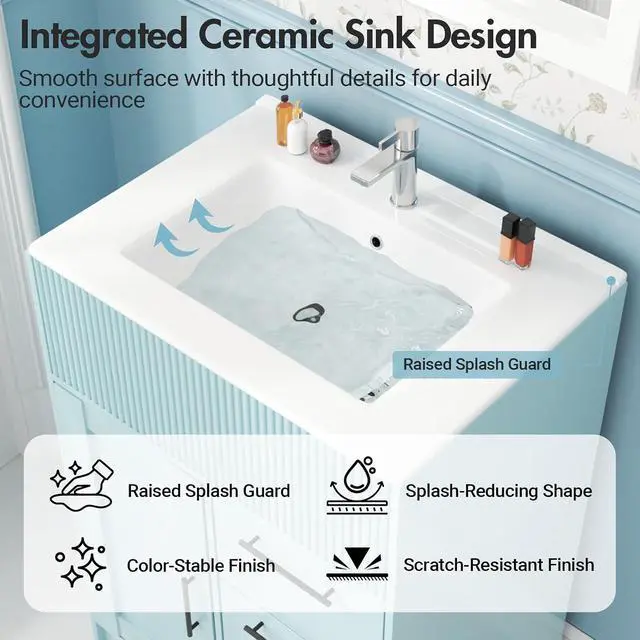 Alt view image 6 of 7 - 24" Bathroom Vanity with Sink, Modern Bathroom Cabinet (Blue, 24 inch) | 1 Cabinet & 3 Drawers, Modern Wave Texture, Spacious Storage, Freestanding Design, Small Single Sink Cabinet for Apartment