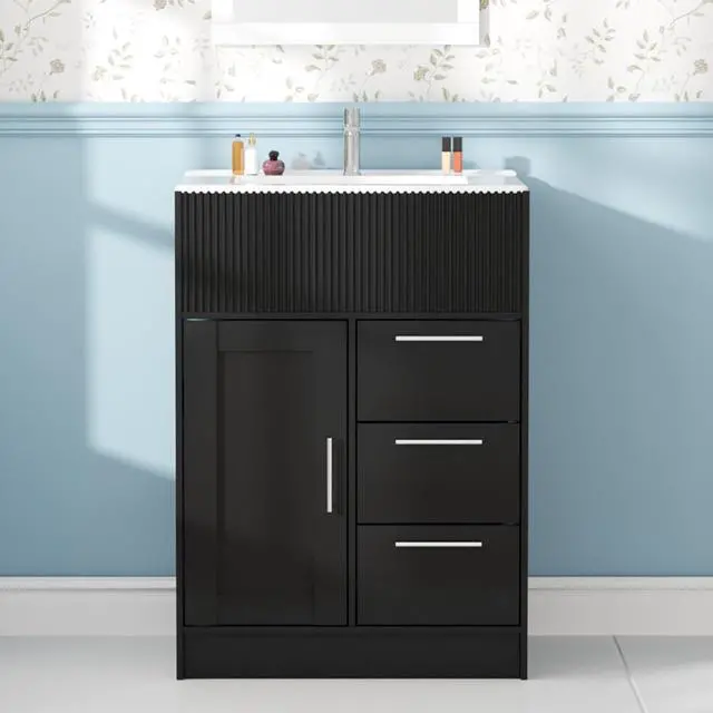 Main image of 24" Bathroom Vanity with Sink, Modern Bathroom Cabinet (Black, 24 inch) | 1 Cabinet & 3 Drawers, Modern Wave Texture, Spacious Storage, Freestanding Design, Small Single Sink Cabinet for Apartment