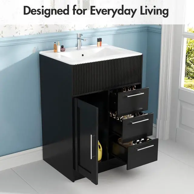 Alt view image 3 of 7 - 24" Bathroom Vanity with Sink, Modern Bathroom Cabinet (Black, 24 inch) | 1 Cabinet & 3 Drawers, Modern Wave Texture, Spacious Storage, Freestanding Design, Small Single Sink Cabinet for Apartment