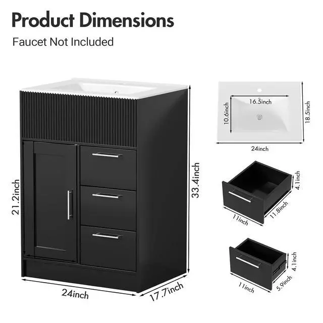 Alt view image 2 of 7 - 24" Bathroom Vanity with Sink, Modern Bathroom Cabinet (Black, 24 inch) | 1 Cabinet & 3 Drawers, Modern Wave Texture, Spacious Storage, Freestanding Design, Small Single Sink Cabinet for Apartment