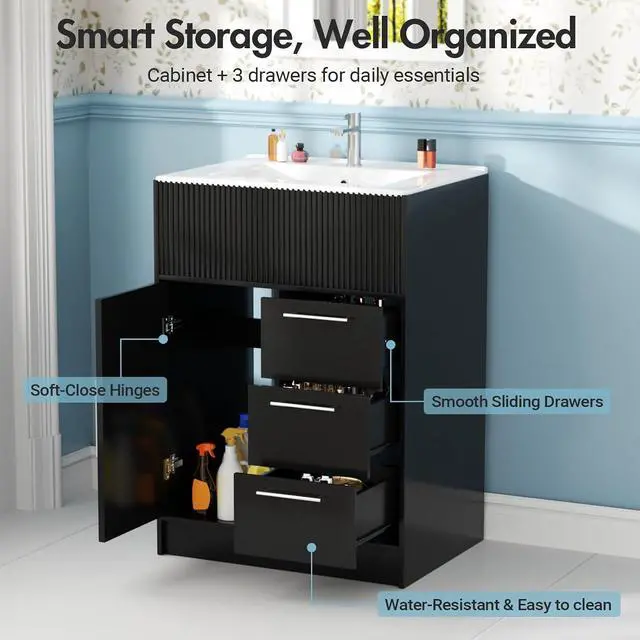 Alt view image 4 of 7 - 24" Bathroom Vanity with Sink, Modern Bathroom Cabinet (Black, 24 inch) | 1 Cabinet & 3 Drawers, Modern Wave Texture, Spacious Storage, Freestanding Design, Small Single Sink Cabinet for Apartment