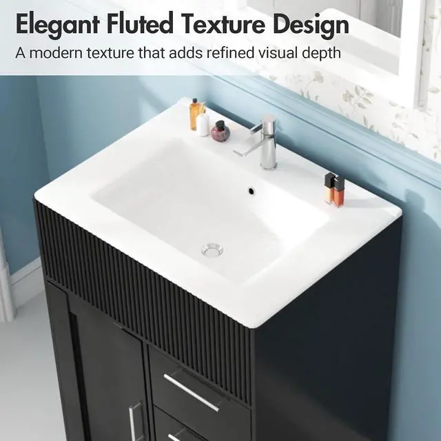 Alt view image 5 of 7 - 24" Bathroom Vanity with Sink, Modern Bathroom Cabinet (Black, 24 inch) | 1 Cabinet & 3 Drawers, Modern Wave Texture, Spacious Storage, Freestanding Design, Small Single Sink Cabinet for Apartment