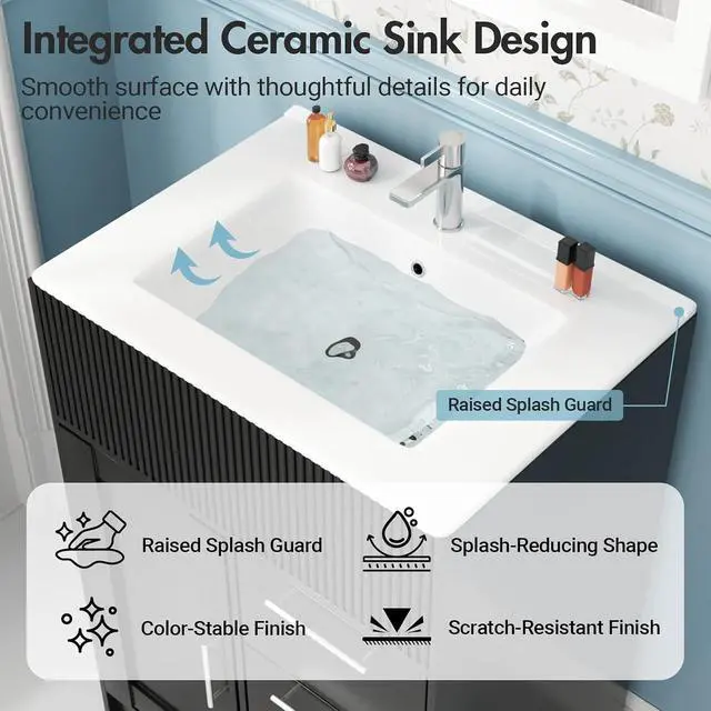 Alt view image 6 of 7 - 24" Bathroom Vanity with Sink, Modern Bathroom Cabinet (Black, 24 inch) | 1 Cabinet & 3 Drawers, Modern Wave Texture, Spacious Storage, Freestanding Design, Small Single Sink Cabinet for Apartment