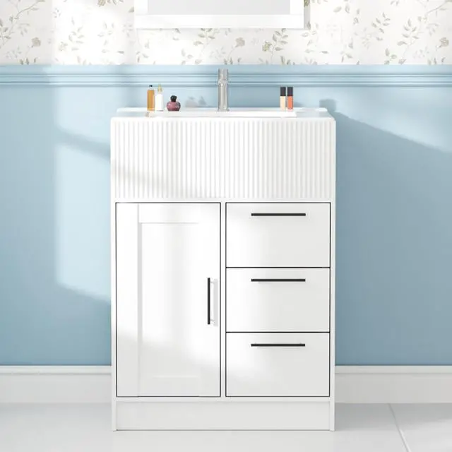 Main image of 24" Bathroom Vanity with Sink, Modern Bathroom Cabinet (White, 24 inch) | 1 Cabinet & 3 Drawers, Modern Wave Texture, Spacious Storage, Freestanding Design, Small Single Sink Cabinet for Apartment