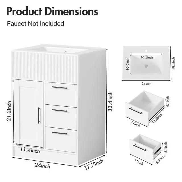 Alt view image 2 of 7 - 24" Bathroom Vanity with Sink, Modern Bathroom Cabinet (White, 24 inch) | 1 Cabinet & 3 Drawers, Modern Wave Texture, Spacious Storage, Freestanding Design, Small Single Sink Cabinet for Apartment