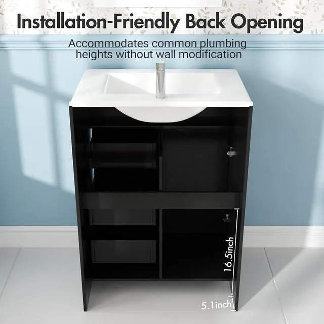 Alt view image 7 of 7 - 24" Bathroom Vanity with Sink, Modern Bathroom Cabinet (Black, 24 inch) | 1 Cabinet & 3 Drawers, Modern Wave Texture, Spacious Storage, Freestanding Design, Small Single Sink Cabinet for Apartment