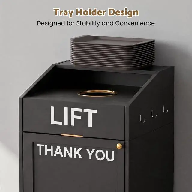 Alt view image 3 of 7 - Heavy Duty 40 Gallon Commercial Trash Can Cabinet with Tray Holder, Wooden Restaurant Trash Can with Top Cup Slot, Restaurant Trash Can with Lift Up Door for Cafeteria School Office