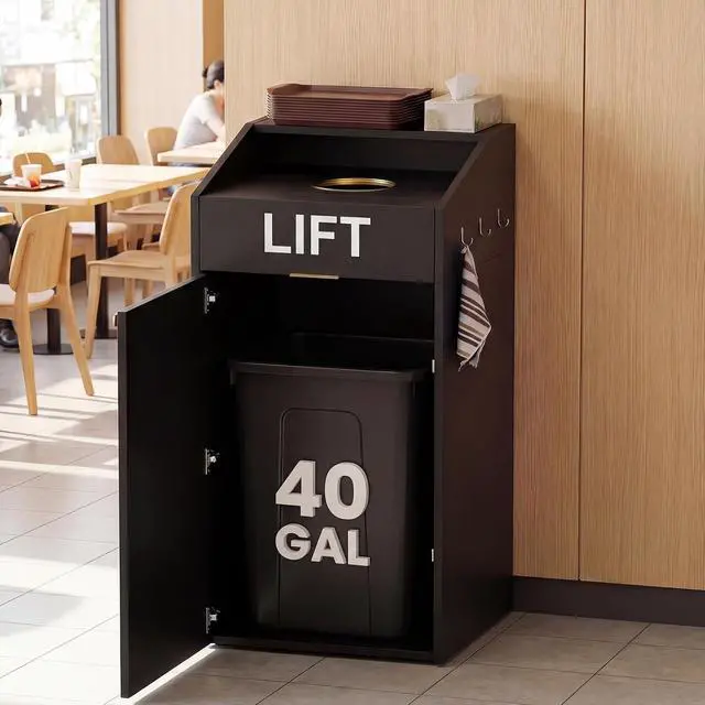 Alt view image 5 of 7 - Heavy Duty 40 Gallon Commercial Trash Can Cabinet with Tray Holder, Wooden Restaurant Trash Can with Top Cup Slot, Restaurant Trash Can with Lift Up Door for Cafeteria School Office