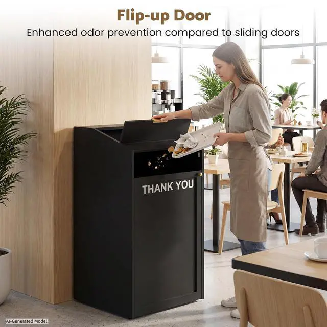Alt view image 4 of 7 - Heavy Duty 40 Gallon Commercial Trash Can Cabinet with Tray Holder, Wooden Restaurant Trash Can with Top Cup Slot, Restaurant Trash Can with Lift Up Door for Cafeteria School Office