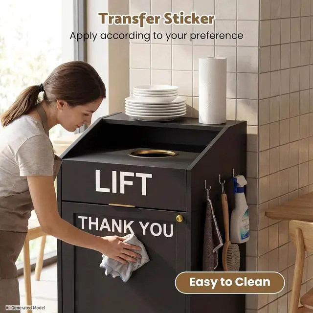 Alt view image 6 of 7 - Heavy Duty 40 Gallon Commercial Trash Can Cabinet with Tray Holder, Wooden Restaurant Trash Can with Top Cup Slot, Restaurant Trash Can with Lift Up Door for Cafeteria School Office