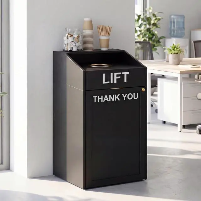 Alt view image 7 of 7 - Heavy Duty 40 Gallon Commercial Trash Can Cabinet with Tray Holder, Wooden Restaurant Trash Can with Top Cup Slot, Restaurant Trash Can with Lift Up Door for Cafeteria School Office