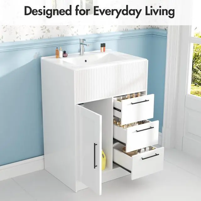 Alt view image 3 of 7 - 24" Bathroom Vanity with Sink, Modern Bathroom Cabinet (White, 24 inch) | 1 Cabinet & 3 Drawers, Modern Wave Texture, Spacious Storage, Freestanding Design, Small Single Sink Cabinet for Apartment