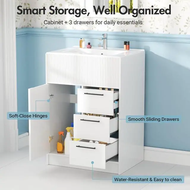 Alt view image 4 of 7 - 24" Bathroom Vanity with Sink, Modern Bathroom Cabinet (White, 24 inch) | 1 Cabinet & 3 Drawers, Modern Wave Texture, Spacious Storage, Freestanding Design, Small Single Sink Cabinet for Apartment