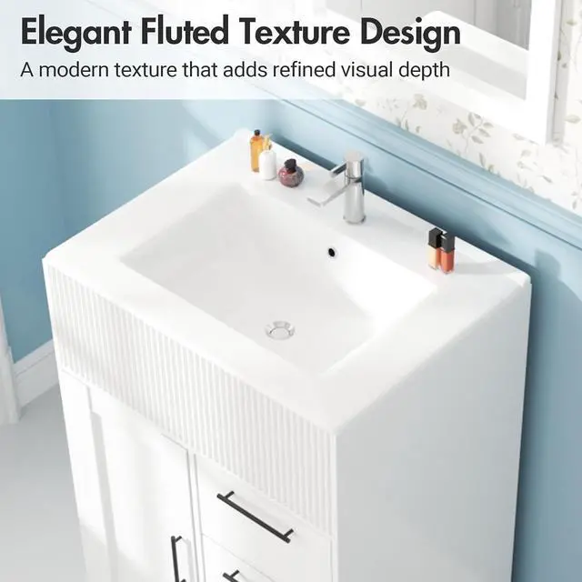 Alt view image 5 of 7 - 24" Bathroom Vanity with Sink, Modern Bathroom Cabinet (White, 24 inch) | 1 Cabinet & 3 Drawers, Modern Wave Texture, Spacious Storage, Freestanding Design, Small Single Sink Cabinet for Apartment