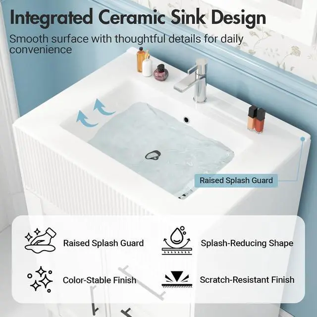 Alt view image 6 of 7 - 24" Bathroom Vanity with Sink, Modern Bathroom Cabinet (White, 24 inch) | 1 Cabinet & 3 Drawers, Modern Wave Texture, Spacious Storage, Freestanding Design, Small Single Sink Cabinet for Apartment