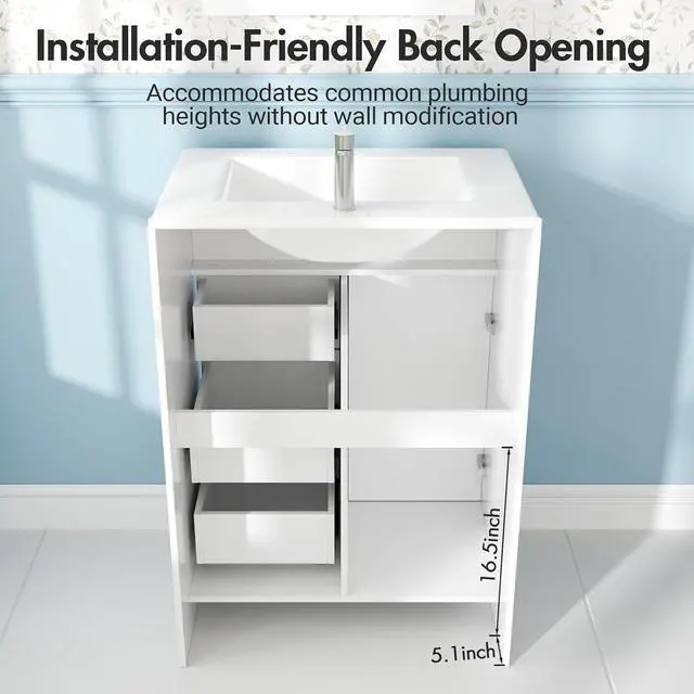 Alt view image 7 of 7 - 24" Bathroom Vanity with Sink, Modern Bathroom Cabinet (White, 24 inch) | 1 Cabinet & 3 Drawers, Modern Wave Texture, Spacious Storage, Freestanding Design, Small Single Sink Cabinet for Apartment