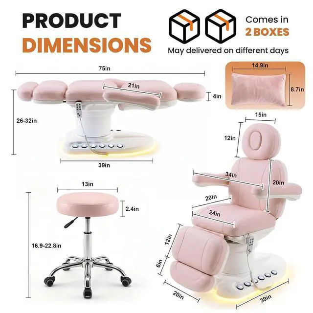 Alt view image 2 of 7 - Fully Electric Massage Table with 3 Motors, Professional Esthetician Bed with LED Light, Height, Length & Angle Adjustable Beauty Spa Bed for Facial & Medical, Stool Included, Pink