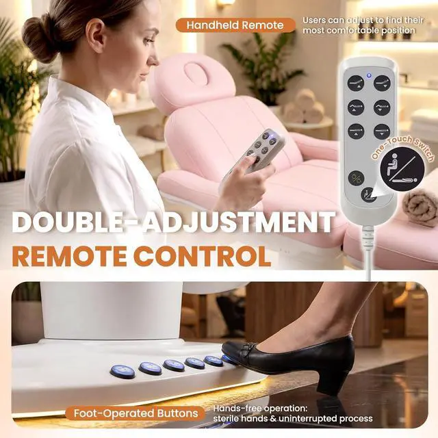 Alt view image 4 of 7 - Fully Electric Massage Table with 3 Motors, Professional Esthetician Bed with LED Light, Height, Length & Angle Adjustable Beauty Spa Bed for Facial & Medical, Stool Included, Pink
