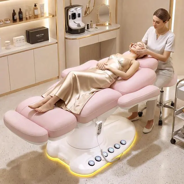 Alt view image 3 of 7 - Fully Electric Massage Table with 3 Motors, Professional Esthetician Bed with LED Light, Height, Length & Angle Adjustable Beauty Spa Bed for Facial & Medical, Stool Included, Pink