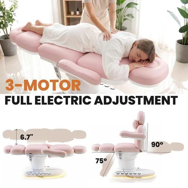 Alt view image 5 of 7 - Fully Electric Massage Table with 3 Motors, Professional Esthetician Bed with LED Light, Height, Length & Angle Adjustable Beauty Spa Bed for Facial & Medical, Stool Included, Pink