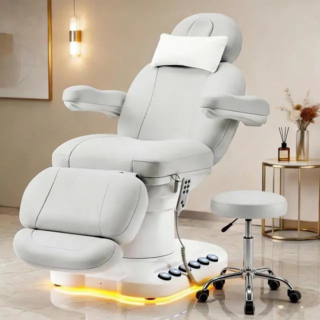 Main image of Fully Electric Massage Table with 3 Motors, Professional Esthetician Bed with LED Light, Height, Length & Angle Adjustable Beauty Spa Bed for Facial & Medical, Stool Included, White