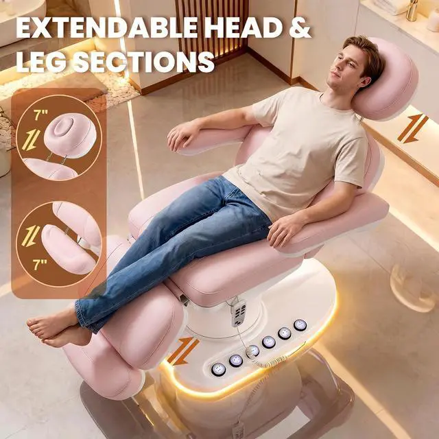 Alt view image 7 of 7 - Fully Electric Massage Table with 3 Motors, Professional Esthetician Bed with LED Light, Height, Length & Angle Adjustable Beauty Spa Bed for Facial & Medical, Stool Included, Pink