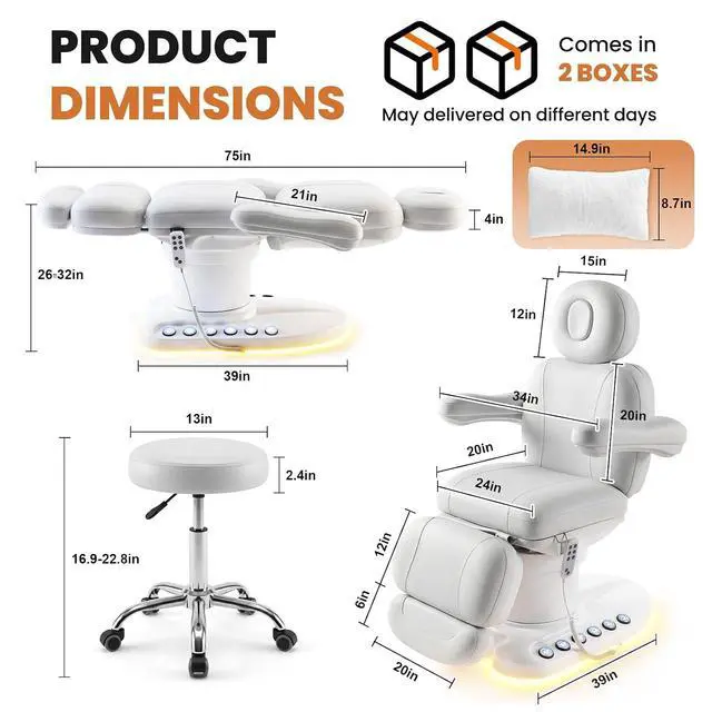 Alt view image 2 of 7 - Fully Electric Massage Table with 3 Motors, Professional Esthetician Bed with LED Light, Height, Length & Angle Adjustable Beauty Spa Bed for Facial & Medical, Stool Included, White